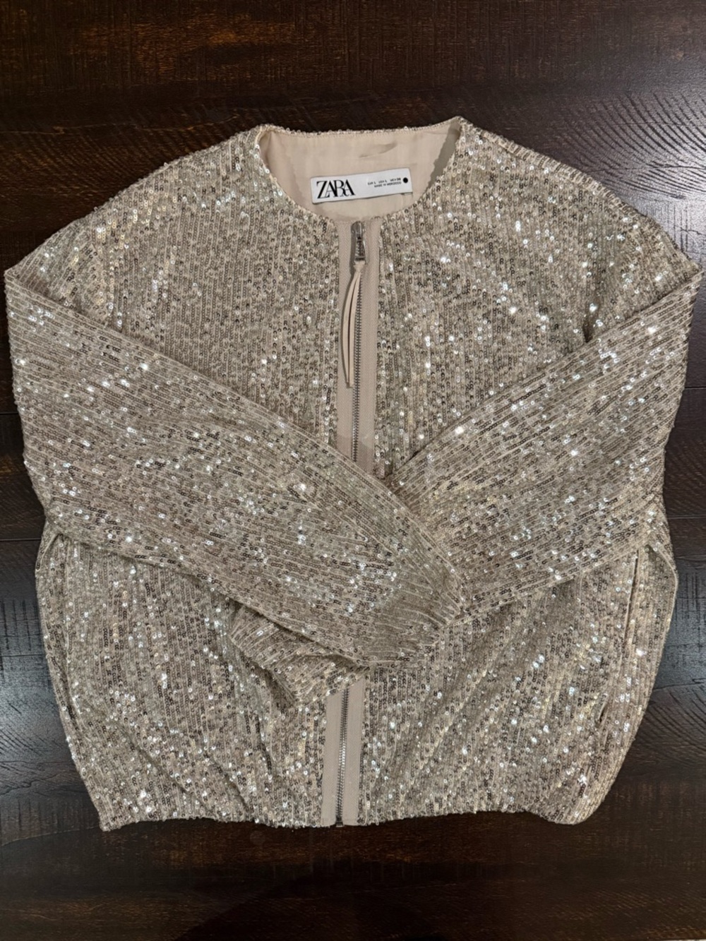Zara Silver Sequin Bomber Jacket Champagne Zip Front L - Picture 4 of 12
